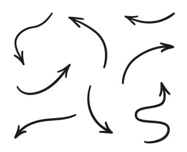 Elle çizilmiş Infographic öğeleri üzerinde beyaz. Soyut yarım yamalak oklar. Hat sanatı. Farklı işaretçi kümesi. Siyah beyaz resim. Doodles'ın tasarımı için