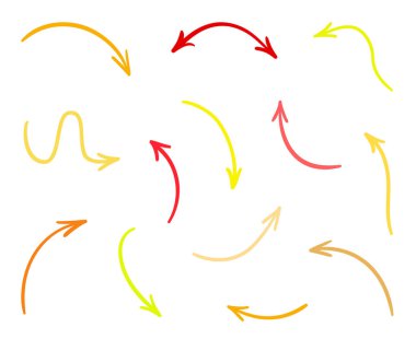 Renkli Infographic öğeleri üzerinde beyaz izole. Farklı göstergesi belirtileri ayarlayın. Karışık elle çizilmiş basit işaretçiler. Hat sanatı. Soyut oklar. İş için semboller