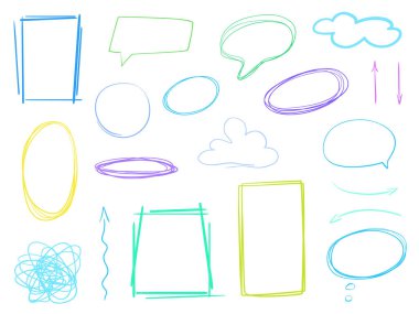 Elle çizilmiş renkli dizi ve sürekli konuşma balonları. Soyut kare beyaz üzerinde. Yağma sözler için desen. Hat sanat yaratıcı. Farklı işaretler topluluğu. Renkli resimde