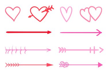 Infographic öğeleri yalıtım arka plan üzerinde. Elle çizilmiş kalpler ve oklar beyaz. Hat sanatı. Farklı şekiller kümesi. Renkli resimde. Doodles'ın resim için