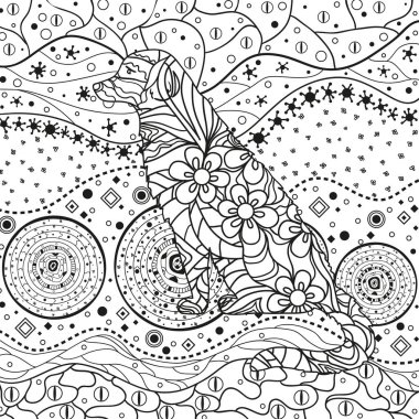 Köpek ile süslü duvar kağıdı kare. Elle çizilmiş süsler beyaz el salladı. Soyut desenler izole arka plan üzerinde. Yetişkinler için manevi rahatlama için tasarım. Hat sanatı. Siyah beyaz resim