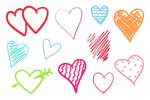 Zole Beyaz Arka Plan Üzerinde Renkli Trendy Kalpler Elle Çizilmiş — Stok Vektör
