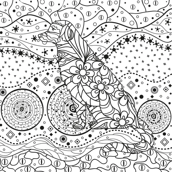 Square ornate wallpaper with dog. Hand drawn waved ornaments on white. Abstract patterns on isolated background. Design for spiritual relaxation for adults. Line art. Black and white illustration