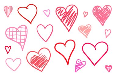 İzole beyaz arka plan üzerinde renkli trendy kalpler. Elle çizilmiş aşk belirtileri ayarlayın. Benzersiz soyut tasarım için imzalar. Hat sanat yaratma. Renkli resimde. Poster veya el ilanı için öğeleri