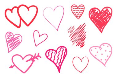 İzole beyaz arka plan üzerinde renkli trendy kalpler. Elle çizilmiş aşk belirtileri ayarlayın. Benzersiz soyut tasarım için imzalar. Hat sanat yaratma. Renkli resimde. Poster veya el ilanı için öğeleri