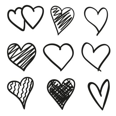 El grunge kalpler izole beyaz zemin üzerine çekilmiş. Aşk belirtileri ayarlayın. Benzersiz görüntü tasarımı için. Siyah beyaz resim. Tasarım öğeleri