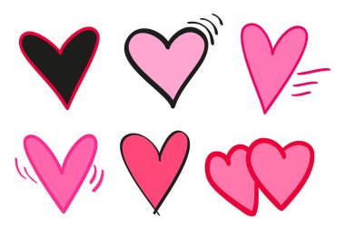 İzole beyaz arka plan üzerinde renkli kalpler. Elle çizilmiş aşk belirtileri ayarlayın. Benzersiz soyut resim tasarım için. Hat sanat yaratma. Renkli resimde. Poster veya el ilanı için öğeleri