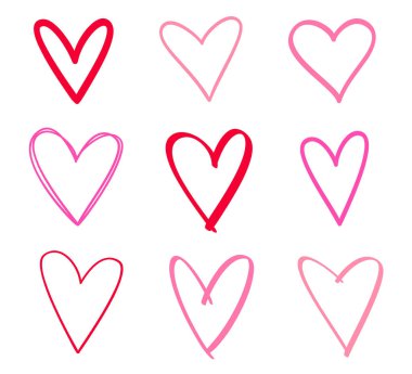 İzole beyaz arka plan üzerinde renkli kalpler. Elle çizilmiş aşk belirtileri ayarlayın. Benzersiz soyut resim tasarım için. Hat sanat yaratma. Renkli resimde. Poster veya el ilanı için öğeleri