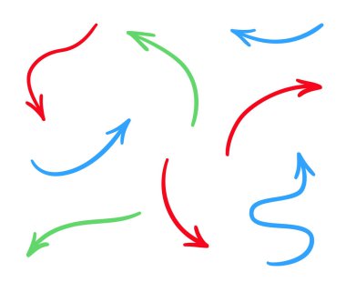 Renkli Infographic öğeleri üzerinde beyaz izole. Yarım yamalak göstergesi belirtileri ayarlayın. Karışık elle çizilmiş basit işaretçiler. Hat sanatı. Soyut oklar. İş için semboller