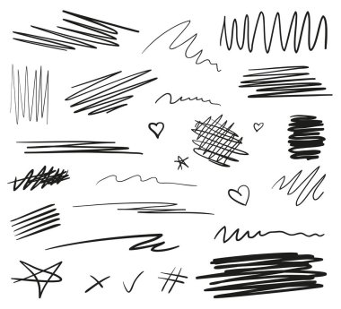 Infographic öğeleri üzerinde beyaz izole. Yarım yamalak işaretleri farklı kümesi. Çizgiler bir dizi arka planlar. Kontur kaotik arka planında. Elle çizilmiş desen. Siyah beyaz resim. İş öğeleri