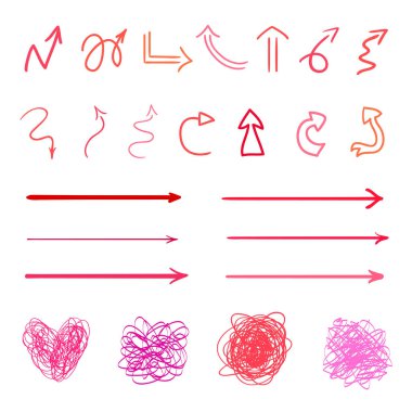 Colored hand drawn shapes on white. Abstract sketchy frameworks and arrows. Line art. Set of different signs. Colorful illustration. Doodles for artwork clipart