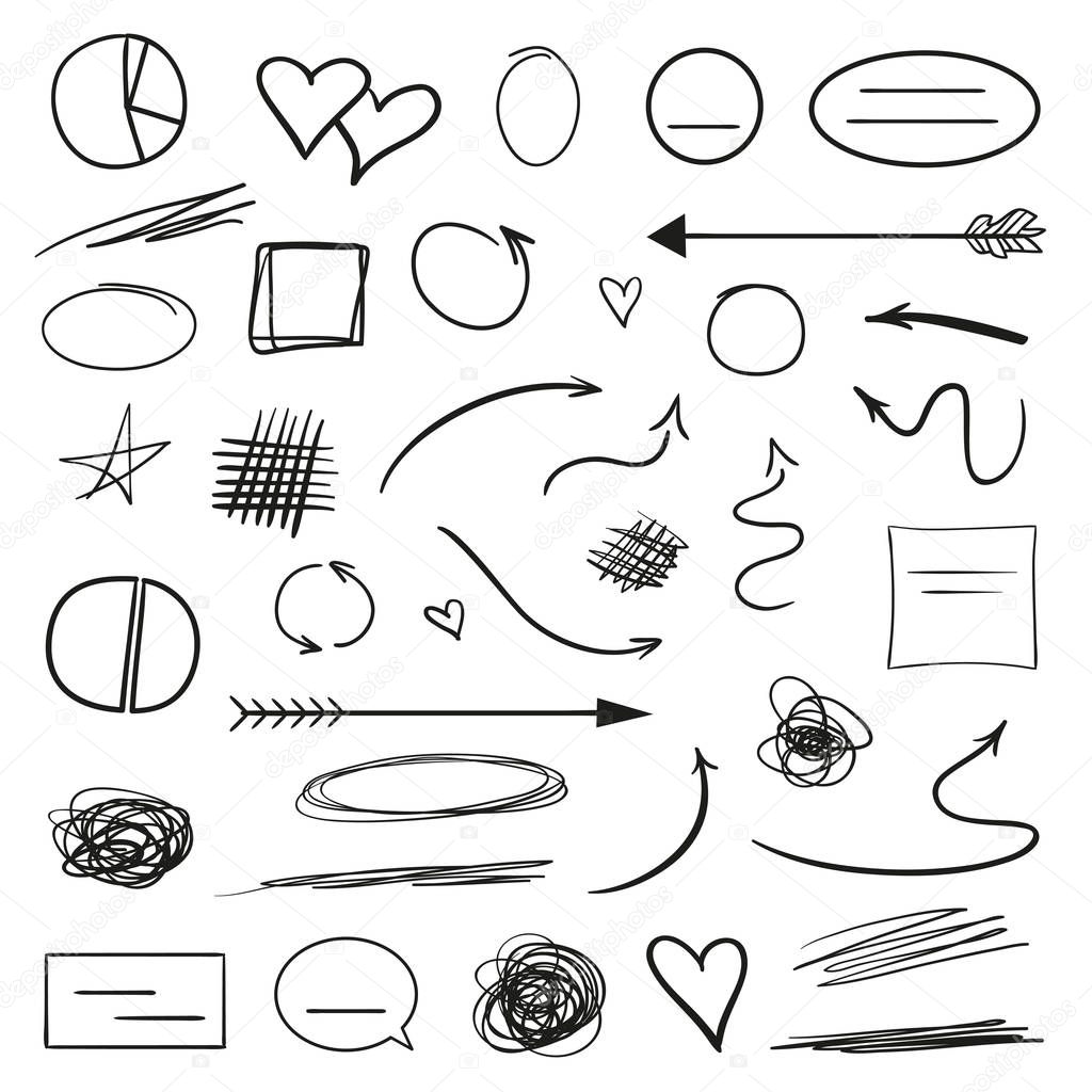 Infographic elements isolated on white. Set of different indicator signs. Sketchy elements. Hand drawn frames and arrows. Abstract frameworks. Line art. Black and white illustration