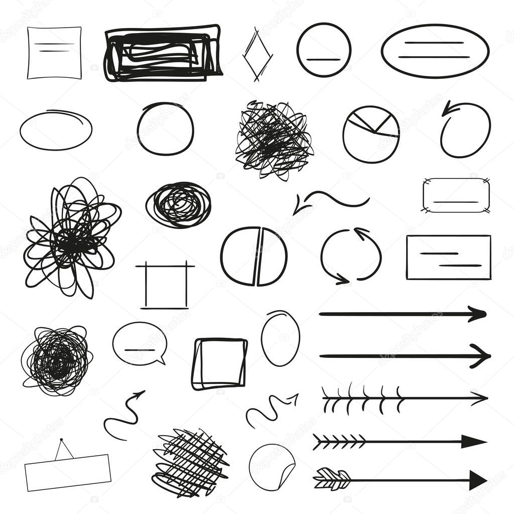Infographic elements isolated on white. Set of different indicator signs. Sketchy elements. Hand drawn frames and arrows. Abstract frameworks. Line art. Black and white illustration