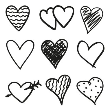 El grunge kalpler izole beyaz zemin üzerine çekilmiş. Aşk belirtileri ayarlayın. Benzersiz görüntü tasarımı için. Siyah beyaz resim. Tasarım öğeleri