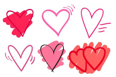 İzole beyaz arka plan üzerinde renkli kalpler. Elle çizilmiş aşk belirtileri ayarlayın. Benzersiz soyut resim tasarım için. Hat sanat yaratma. Renkli resimde. Poster veya el ilanı için öğeleri