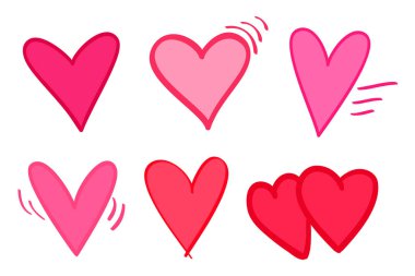 İzole beyaz arka plan üzerinde renkli kalpler. Elle çizilmiş aşk belirtileri ayarlayın. Benzersiz soyut resim tasarım için. Hat sanat yaratma. Renkli resimde. Poster veya el ilanı için öğeleri