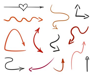 Renkli Infographic öğeleri üzerinde beyaz izole. Yarım yamalak göstergesi belirtileri ayarlayın. Elle çizilmiş basit işaretçiler. Hat sanatı. Soyut oklar. İş için semboller