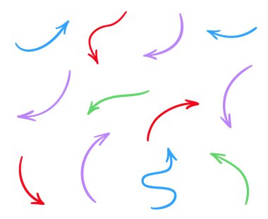 Renkli Infographic öğeleri üzerinde beyaz izole. Yarım yamalak göstergesi belirtileri ayarlayın. Karışık elle çizilmiş basit işaretçiler. Hat sanatı. Soyut oklar. İş için semboller