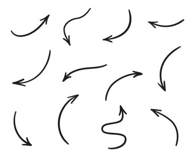 İzole edilmiş beyaz arkaplanda bilgi elemanları. El çizimi basit oklar. Çizgi çalışması. Farklı işaretler seti. Soyut göstergeler. Siyah beyaz çizim. Sanat eseri için karalamalar