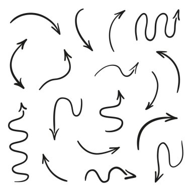 İzole edilmiş beyaz arkaplanda bilgi elemanları. El çizimi basit oklar. Çizgi çalışması. Farklı işaretler seti. Soyut göstergeler. Siyah beyaz çizim. Sanat eseri için karalamalar