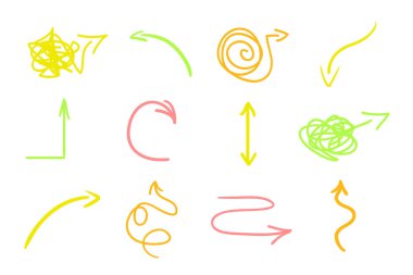 Soyut oklar. Renkli Infographic öğeleri üzerinde beyaz izole. Farklı göstergesi belirtileri ayarlayın. Karışık elle çizilmiş basit işaretçiler. Hat sanatı
