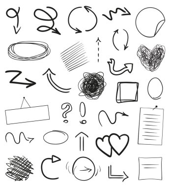 Infographic elements on isolation background. Hand drawn frames and arrows on white. Abstract frameworks. Line art. Set of different shapes. Black and white illustration. Sketchy doodles for artwork clipart