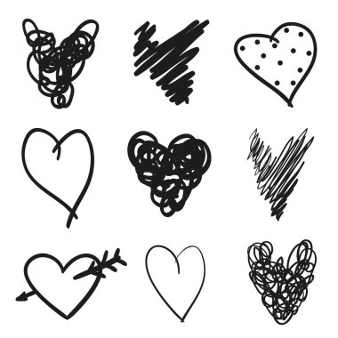 El grunge kalpler izole beyaz zemin üzerine çekilmiş. Aşk belirtileri ayarlayın. Benzersiz görüntü tasarımı için. Siyah beyaz resim. Tasarım öğeleri