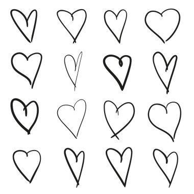 El grunge kalpler izole beyaz zemin üzerine çekilmiş. Aşk belirtileri ayarlayın. Benzersiz görüntü tasarımı için. Siyah beyaz resim. Yarım yamalak elemanları tasarımı için