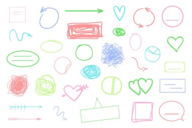 Elle çizilmiş kaotik şekiller ve beyaz alt çizgileri. Arka çizgiler bir dizi. Kontur kaotik desenleri. Renkli resimde. Posterler ve el ilanları için yarım yamalak öğeleri