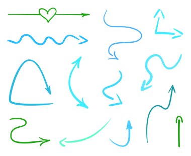 Infographic unsurlar izole beyaz arka plan üzerinde. El Beyaz renkli işaretçiler çekilmiş. Soyut oklar. Hat sanatı. Farklı işaretlere kümesi. Renkli resimde. Doodles'ın resim için