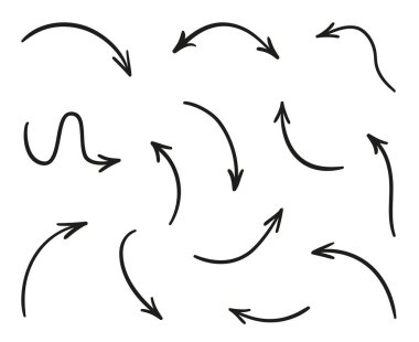 İzole edilmiş beyaz arkaplanda bilgi elemanları. El çizimi basit oklar. Çizgi çalışması. Farklı işaretler seti. Soyut göstergeler. Siyah beyaz çizim. Sanat eseri için karalamalar