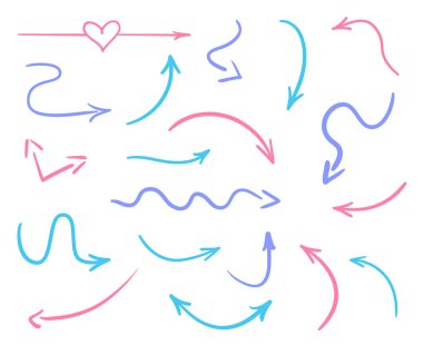 El Beyaz renkli şekiller çekilmiş. Soyut oklar. Hat sanatı. Farklı işaretlere kümesi. Renkli resimde. Doodles'ın resim için