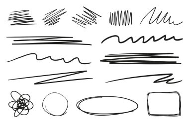Hand drawn underlines on white. Abstract backgrounds with array of lines. Stroke chaotic shapes. Black and white illustration. Sketchy elements for posters and flyers clipart