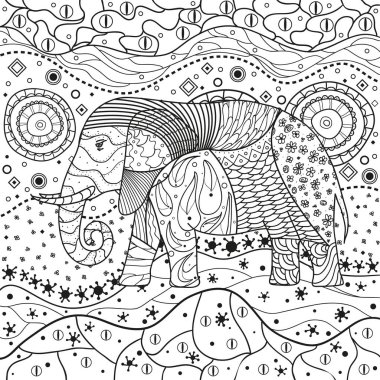 Soyut Doğu desen. Kare mandala fil. El Hayvan Kabile desenleri ile yalıtım zemin üzerine çekilmiş. Yetişkinler için manevi rahatlama için tasarım. Siyah beyaz resim