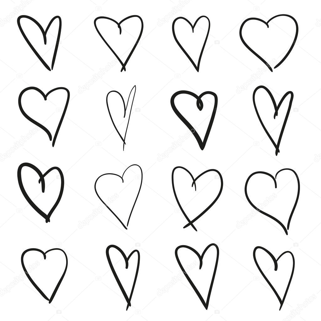 Hand drawn grunge hearts on isolated white background. Set of love signs. Unique image for design. Black and white illustration. Sketchy elements for design