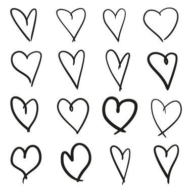 El grunge kalpler izole beyaz zemin üzerine çekilmiş. Aşk belirtileri ayarlayın. Benzersiz görüntü tasarımı için. Siyah beyaz resim. Tasarım öğeleri