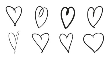 El grunge kalpler izole beyaz zemin üzerine çekilmiş. Aşk belirtileri ayarlayın. Benzersiz görüntü tasarımı için. Siyah beyaz resim. Yarım yamalak elemanları tasarımı için