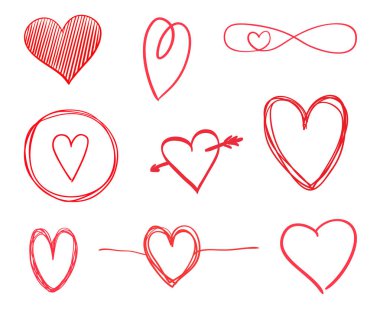 İzole beyaz arka plan üzerinde renkli kalpler. Elle çizilmiş aşk belirtileri ayarlayın. Benzersiz soyut resim tasarım için. Hat sanat yaratma. Renkli resimde. Poster veya el ilanı için öğeleri