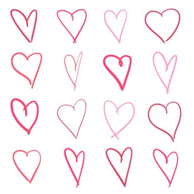 İzole beyaz arka plan üzerinde renkli kalpler. Elle çizilmiş aşk belirtileri ayarlayın. Benzersiz soyut resim tasarım için. Hat sanat yaratma. Renkli resimde. Poster veya el ilanı için öğeleri