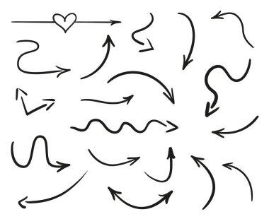 İzole edilmiş beyaz arkaplanda bilgi elemanları. El çizimi basit oklar. Çizgi çalışması. Farklı işaretler seti. Soyut göstergeler. Siyah beyaz çizim. Sanat eseri için karalamalar