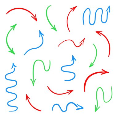 El beyaz renkli oklar çekilmiş. Soyut işaretçiler. Hat sanat yaratıcı. Farklı işaretlere kümesi. Renkli resimde. Doodles'ın resim için