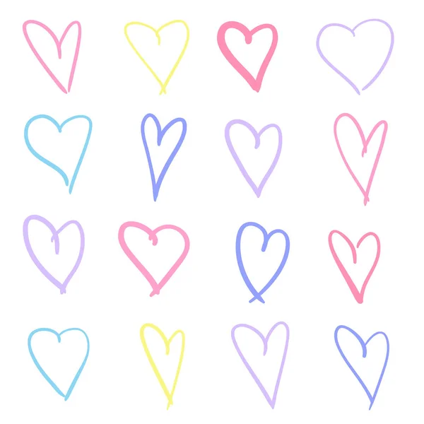 Vícebarevné Povrchní Srdce Izolované Bílém Pozadí Ručně Kreslenou Sada Znamení — Stockový vektor