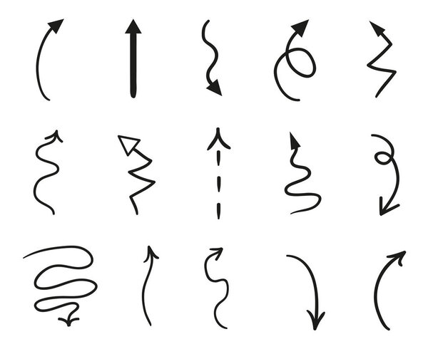 Infographic elements on isolated white background. Hand drawn simple arrows. Line art. Set of different pointers. Abstract indicators. Black and white illustration. Sketchy doodles for work