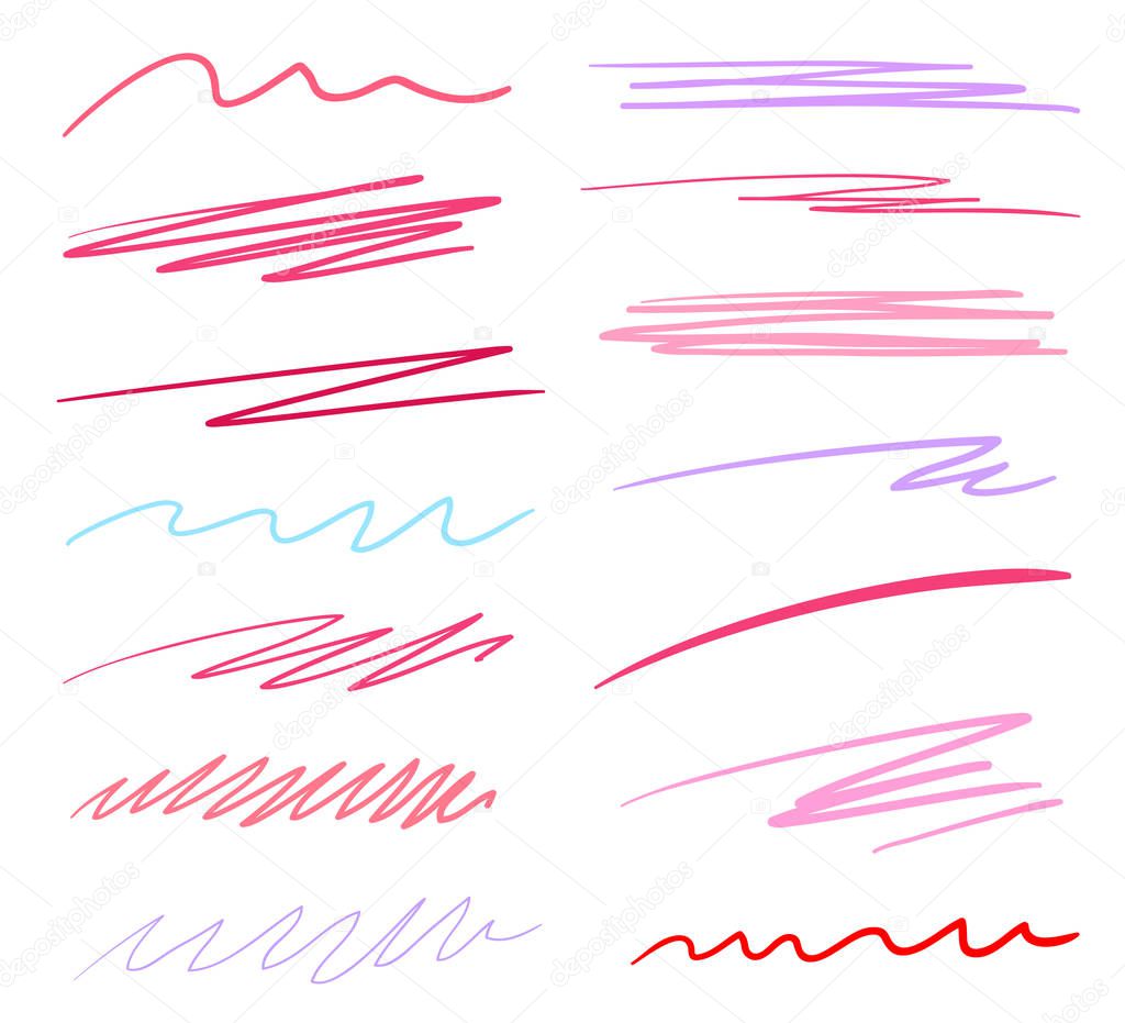 Hand drawn multicolored underlines on white. Abstract backgrounds with array of lines. Stroke chaotic patterns. Colorful illustration. Sketchy elements for posters and flyers