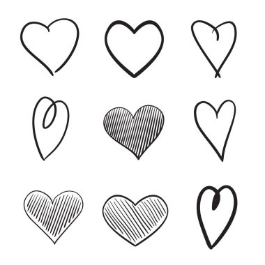 El grunge kalpler izole beyaz zemin üzerine çekilmiş. Aşk belirtileri ayarlayın. Benzersiz görüntü tasarımı için. Siyah beyaz resim. Yarım yamalak elemanları tasarımı için