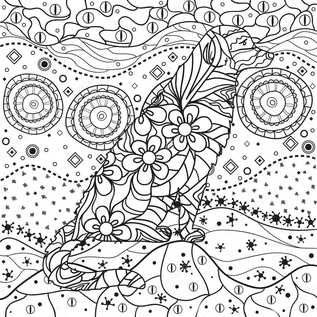 Hand drawn intricate texture with abstract patterns. Asian background with dog on isolated white. Illustration for coloring. Design for spiritual relaxation for adults