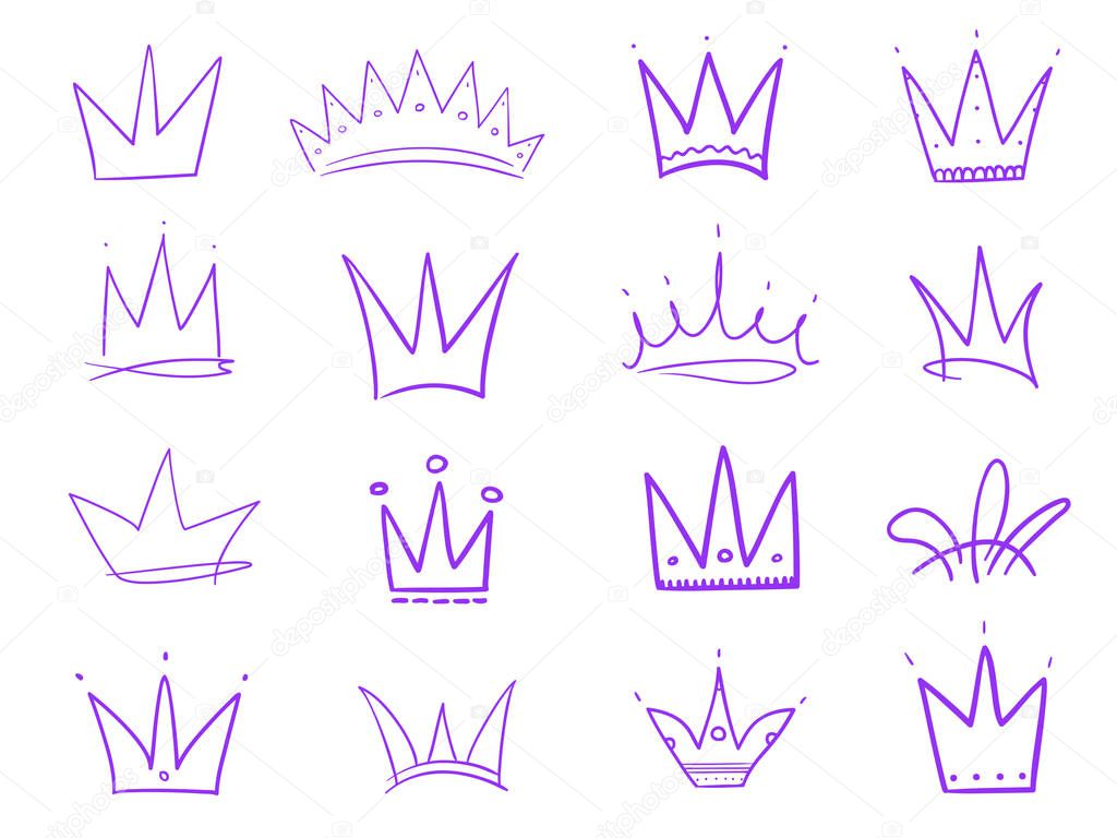 Set of crowns on isolated white. Signs for design. Hand drawn simple objects. Line art. Colorful illustration. Sketchy elements for posters and flyers