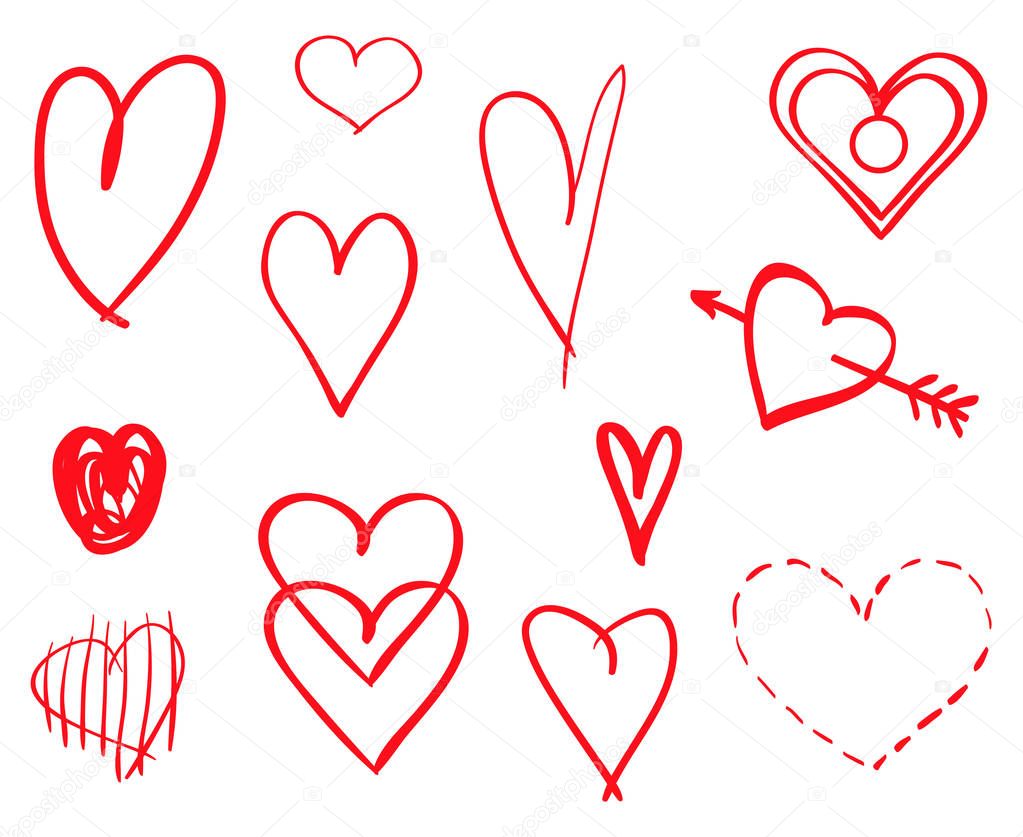 Abstract hearts on isolated white background. Hand drawn set of love signs. Line art creation. Colored illustration. Sketchy elements