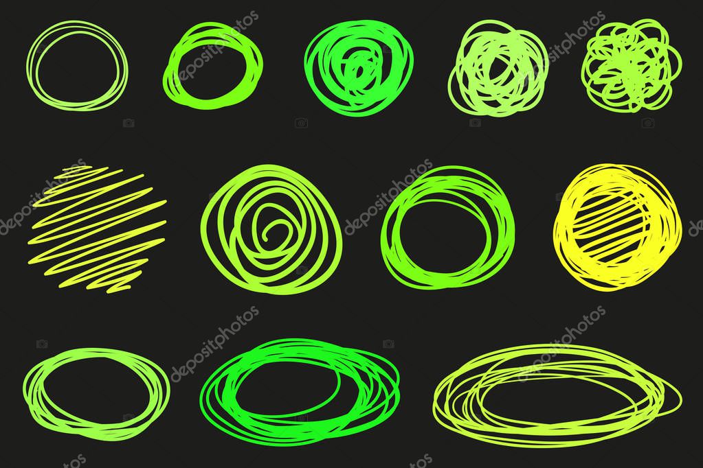 Array of lines on isolated black background. Abstract chaotic frames. Wavy lines. Hand drawn tangled patterns. Elements for design
