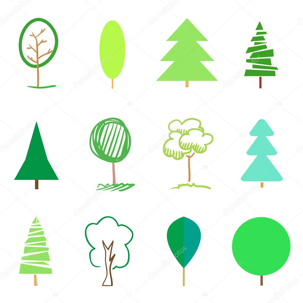 Green trees and christmas trees on white. Set for design. Objects of nature for polygraphy, flyers, t-shirts and banners